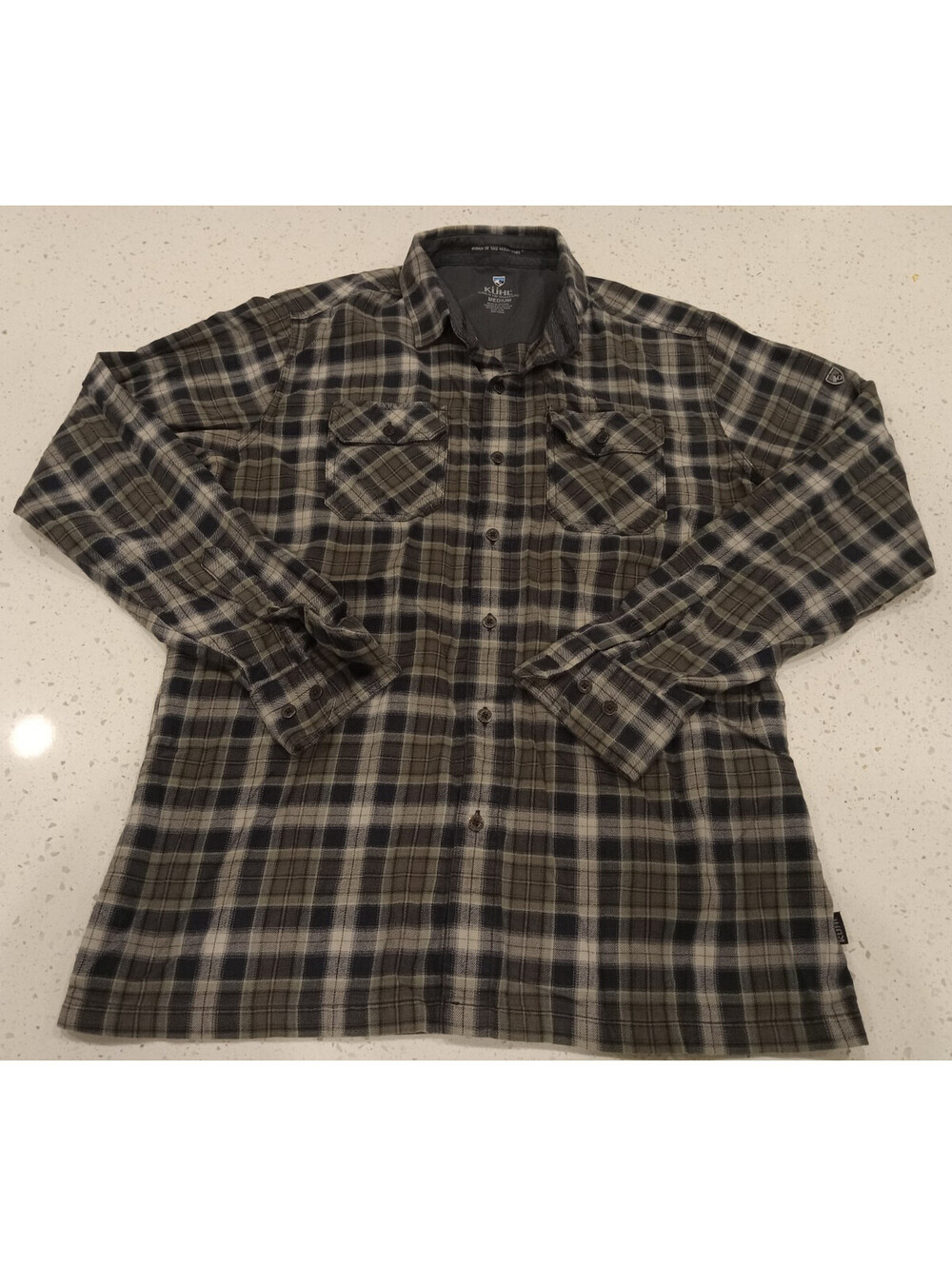 Kuhl Dillingr Shirt Mens Medium Olive Green Black White Plaid Flannel Button Up